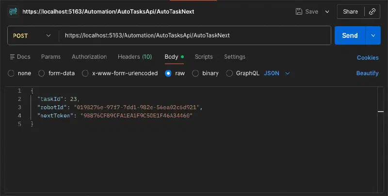 Screenshot of the request body