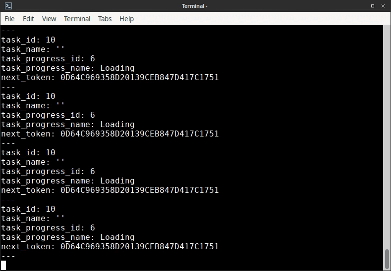 Screenshot of obtaining the task ID and Next Token