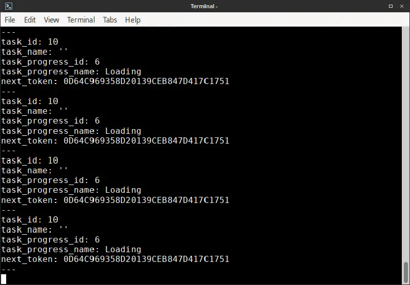 Screenshot of obtaining the task ID and Next Token