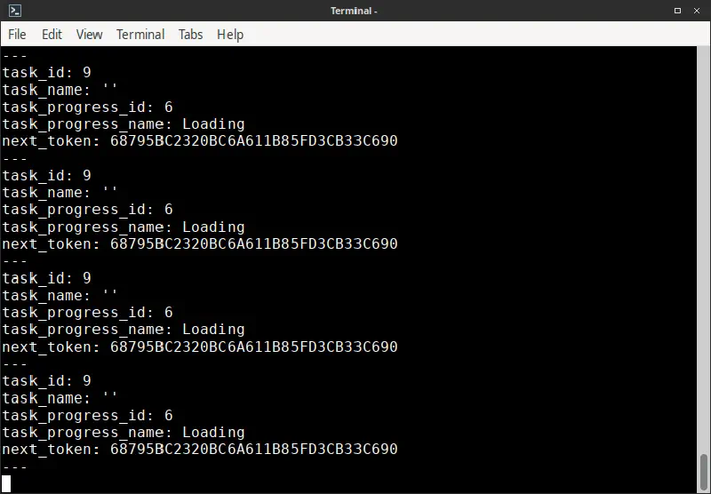 Screenshot of obtaining the task ID and Next Token
