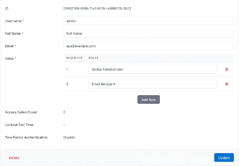Screenshot of the user settings page