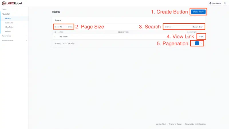 Screenshot of the realms page