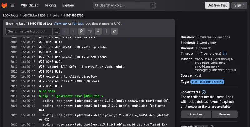 Screenshot of the build logs page