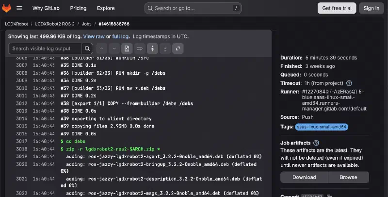 Screenshot of the build logs page